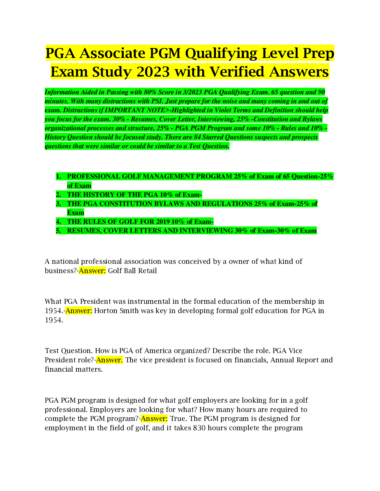 Preview of PGA Associate PGM Qualifying Level Prep Exam Study 2023 with Verified Answers